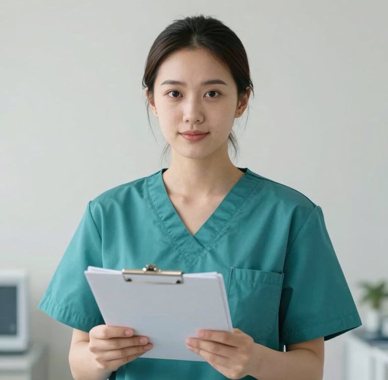 A professional portrait of a nurse in clean teal scrubs holding a medical chart, bright clinical neutral light, medium close-up