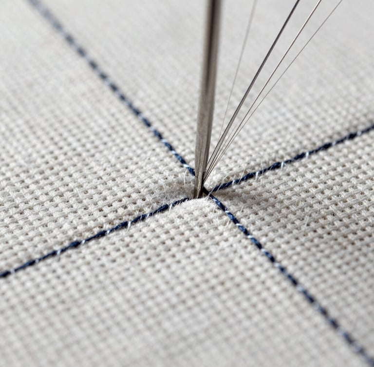 Macro close-up of high-density stitching on heavy canvas fabric, industrial needle penetrating the weave, bright cool task lighting, architectural alignment, high contrast details.