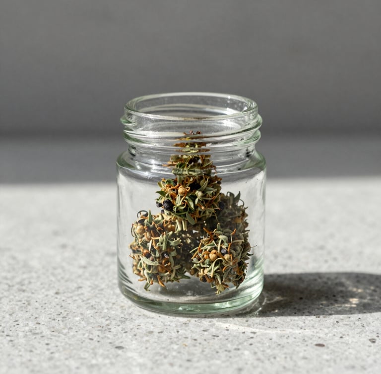 A minimalist glass jar containing premium cannabis flower on a clean, light-grey travertine stone background, soft natural daylight casting elegant shadows.