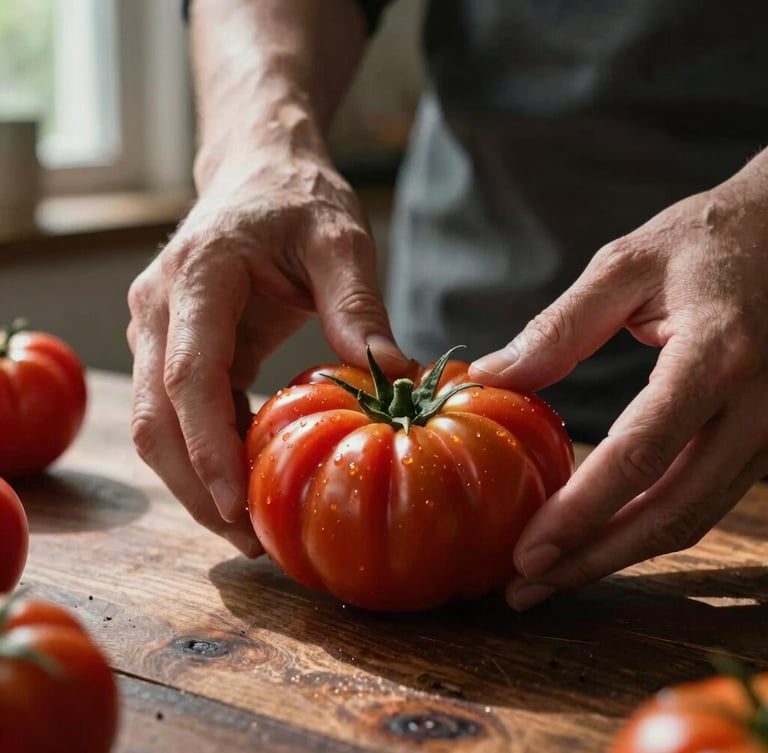 Extreme close-up of hands prepping heirloom tomatoes on a dark wooden workstation, natural window light casting deep shadows, rustic kitchen background.