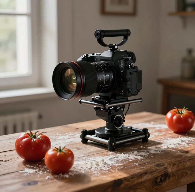 A professional camera rig positioned over a rustic wooden prep table with fresh heirloom tomatoes and flour dust, soft side window lighting, high contrast shadows