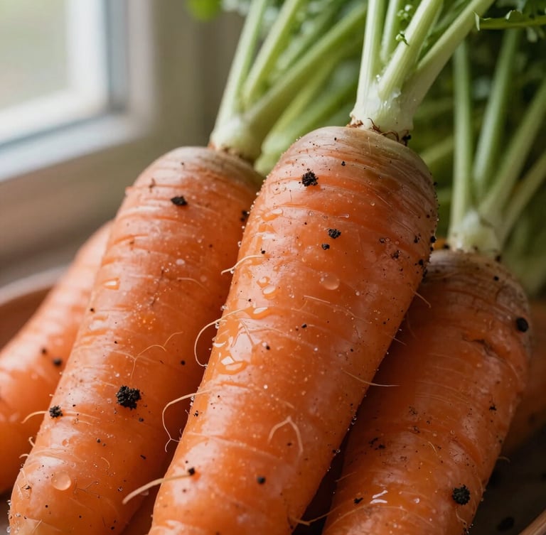 Extreme macro close-up of freshly harvested carrots with damp dark soil clinging to the roots, natural window light