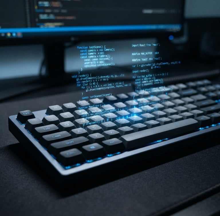 Gros plan sur un clavier d'ordinateur moderne avec des reflets bleus, des lignes de code semi-transparentes flottant au-dessus, dans un environnement de travail minimaliste et high-tech. Éclairage studio froid.