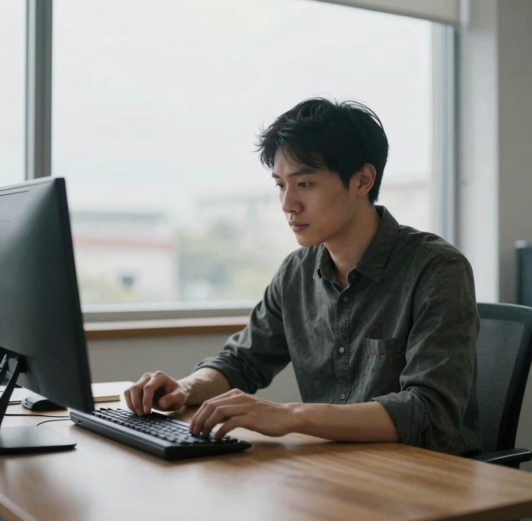 Environmental portrait of an editor writing at a wooden desk, natural overcast light from a large window, high contrast, desaturated realistic tones, 35mm documentary style