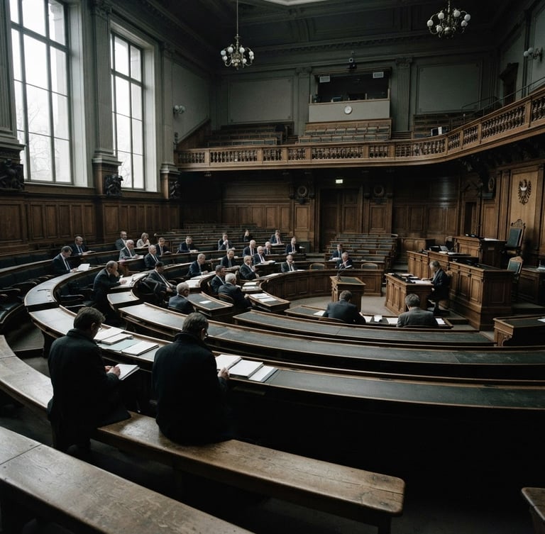 Wide environmental photojournalism, a quiet European legislative chamber under overcast natural light, desaturated realistic tones, high contrast, 35mm documentary style