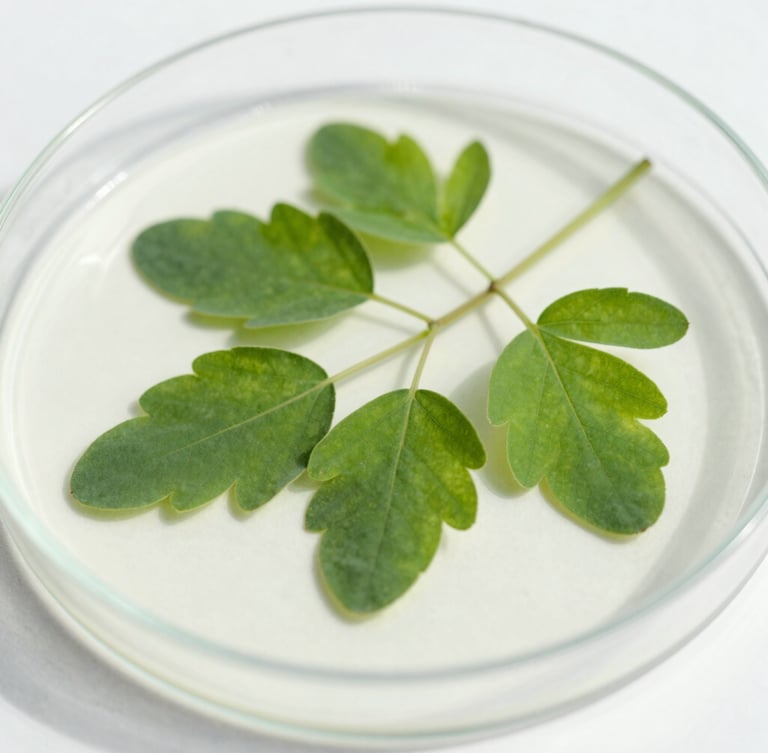 Macro close-up of fresh green moringa leaves on a clean white laboratory petri dish, bright natural daylight, soft shadows, 35mm