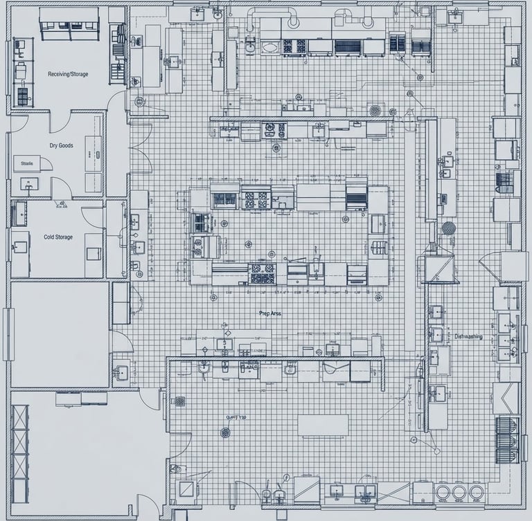 Crisp architectural overhead CAD layout of a commercial kitchen, sharp blueprint lines, technical drafting detail, 35mm