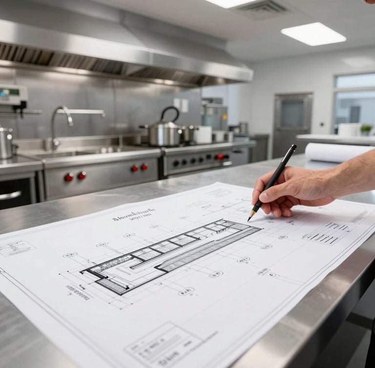 A professional food service designer in a bright Maryland office reviewing a large-format printed blueprint layout of a commercial kitchen prep line, 35mm.