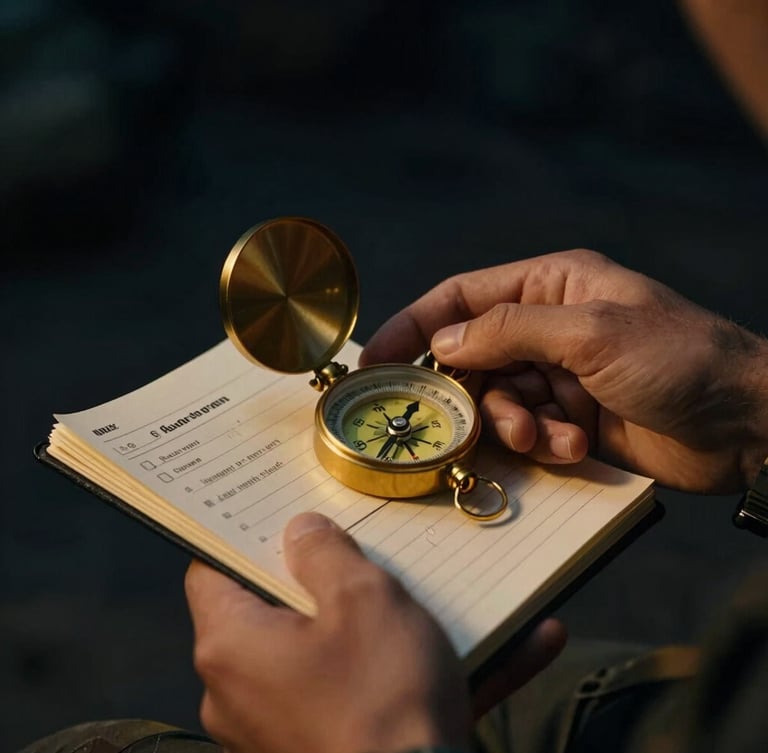 Close-up on hands holding a compass and a tactical mission journal, warm amber accent glow, cinematic dramatic photography, 50mm lens.