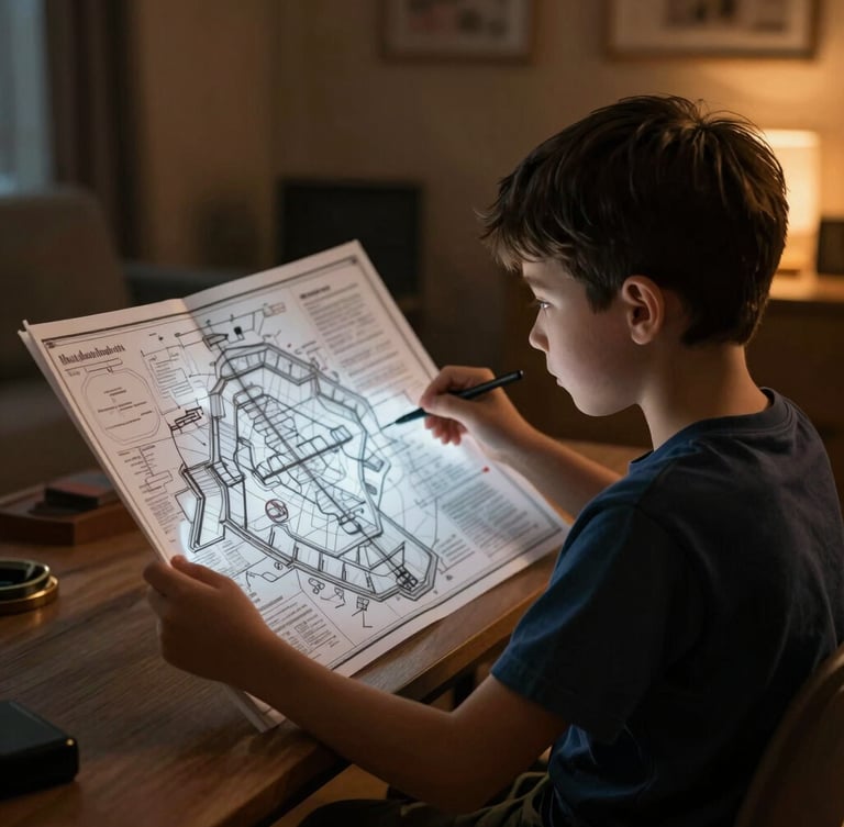 A determined child looking at a glowing tactical blueprint map in a low-key lit room with warm amber accents, cinematic dramatic photography
