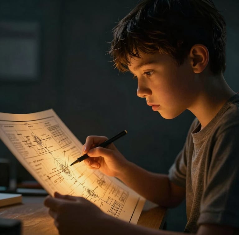 Dramatic low-angle heroic shot of a determined child analyzing a technical schematic under amber accent glows, sharp focus, cinematic lighting