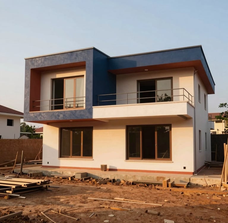 Warm architectural photography, a modern villa construction site in Côte d'Ivoire under bright natural golden-hour sunlight, sharp focus, 35mm