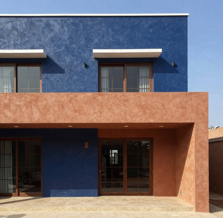 Warm architectural photography of a modern Ivorian villa under clear blue sky, bright natural sunlight, rich navy and terracotta tones, sharp focus, 35mm