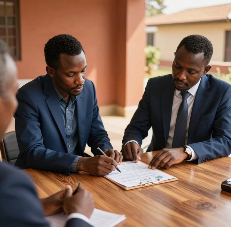 Warm architectural photography, a professional client meeting in Côte d'Ivoire reviewing official land deeds on a wooden table, bright natural golden-hour sunlight, sharp focus, 35mm