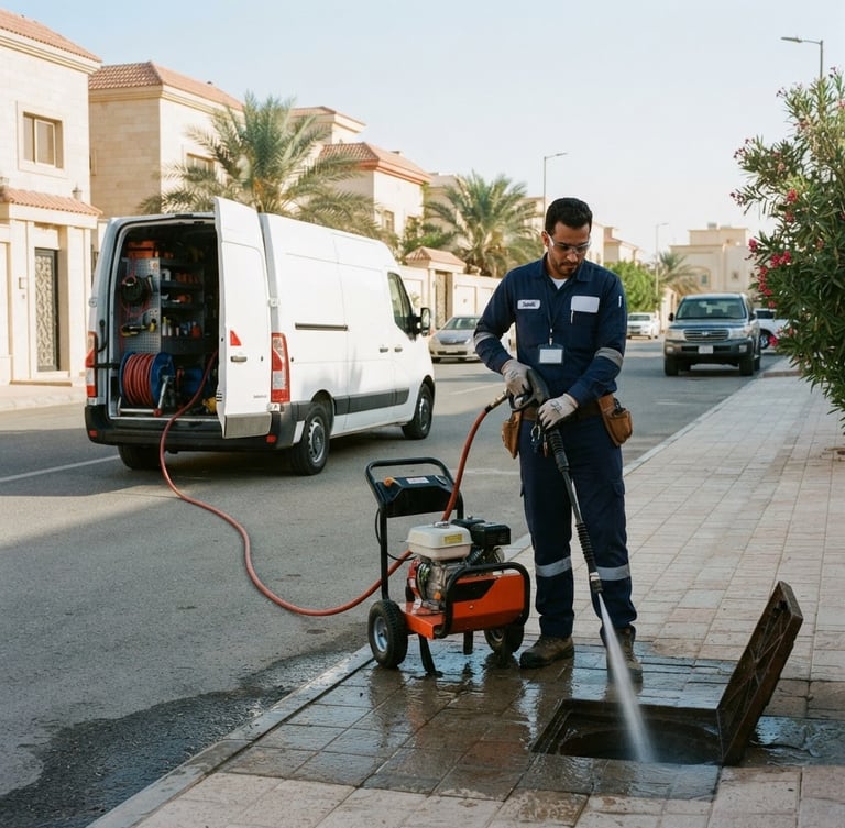 A professional technician in a clean navy uniform operating a high-tech hydro-jetting machine next to a modern branded service van parked in a clean Riyadh residential street, bright morning daylight, high contrast, 35mm.