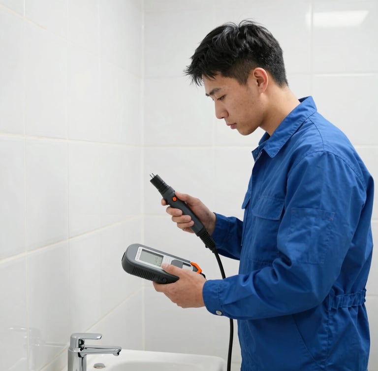 A professional technician in a clean blue uniform using a modern pipe camera diagnostic device in a bright, clean, restored tiled bathroom, focus on the high-tech equipment, daylight, 35mm.