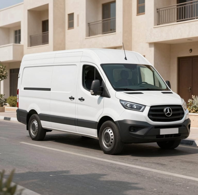 Bright professional photography of a modern, branded white service van parked in a clean Riyadh residential street during crisp daylight, a professional technician standing beside it, high contrast, 35mm