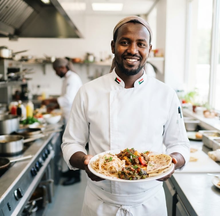 Bright high-key food photography, a Sudanese chef smiling in a modern clean restaurant kitchen presenting a delicious dish, daylight, vibrant colors, shallow depth of field, modern editorial
