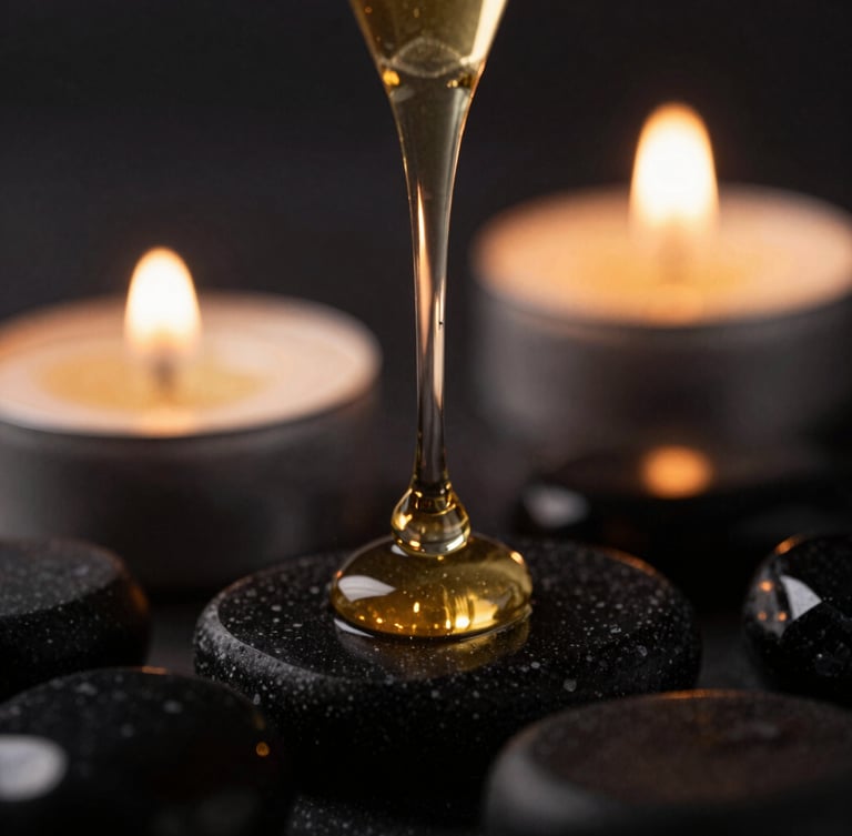 Macro detail of warm champagne gold essential oil dripping onto basalt stones, dark obsidian background, dramatic candle light, 35mm photography