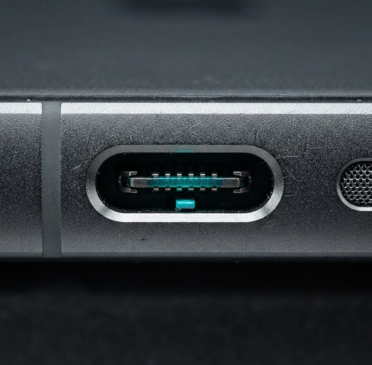 Macro shot of a high-quality smartphone USB-C port, neon teal backlight, clean studio lighting, metallic textures, 35mm lens