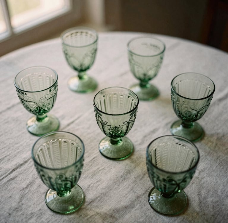 Overhead flat-lay of vintage green glassware catching soft overcast daylight on a coarse linen tablecloth, shallow depth of field, 35mm film style