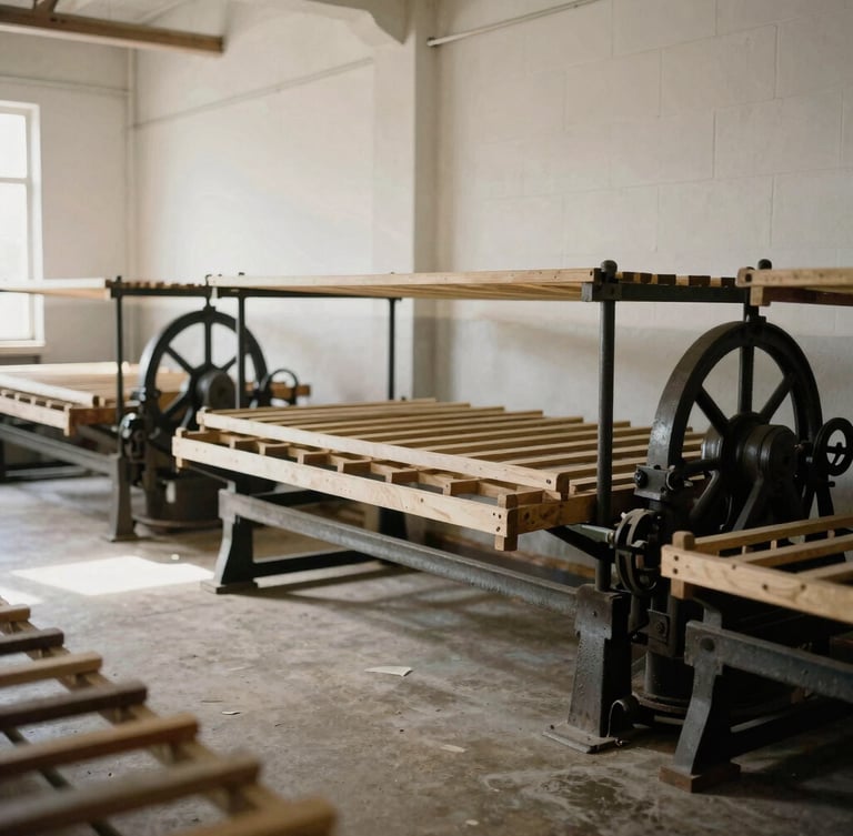 Wide quiet heritage paper mill interior, soft directional daylight illuminating vintage drying racks and heavy iron machinery, muted neutral tones, 35mm