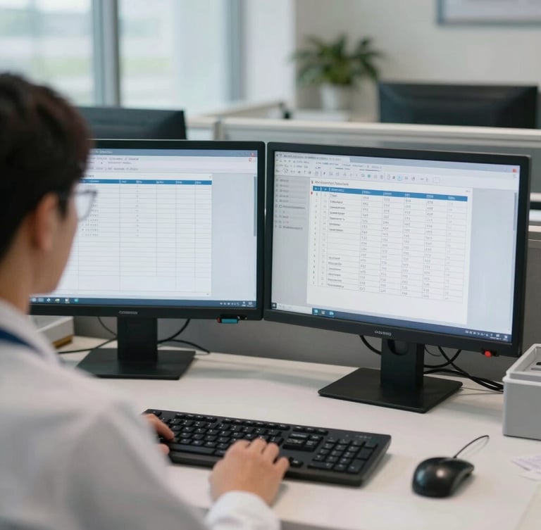 Over-the-shoulder view of a modern healthcare administrative office, dual-monitor workstation displaying clean medical charts, bright daylight-balanced lighting, neutral professional atmosphere.