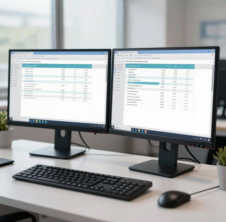 Anonymized medical billing interface on a high-resolution dual-monitor setup, clean desk, bright daylight-balanced office lighting
