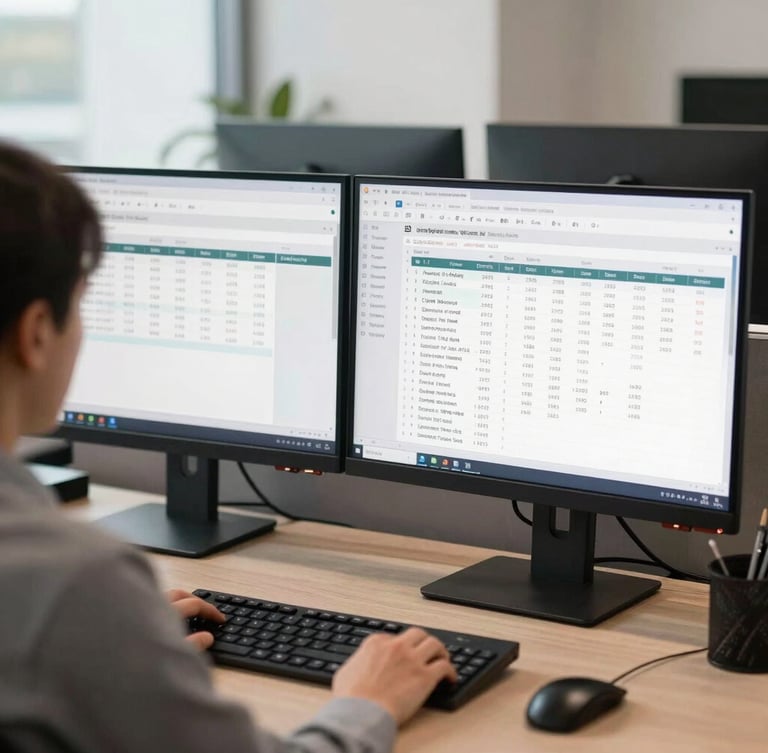 Over-the-shoulder shot of a modern administrative workspace, bright neutral daylight, dual-monitor workstation displaying structured financial software and anonymized billing tables, professional setting.