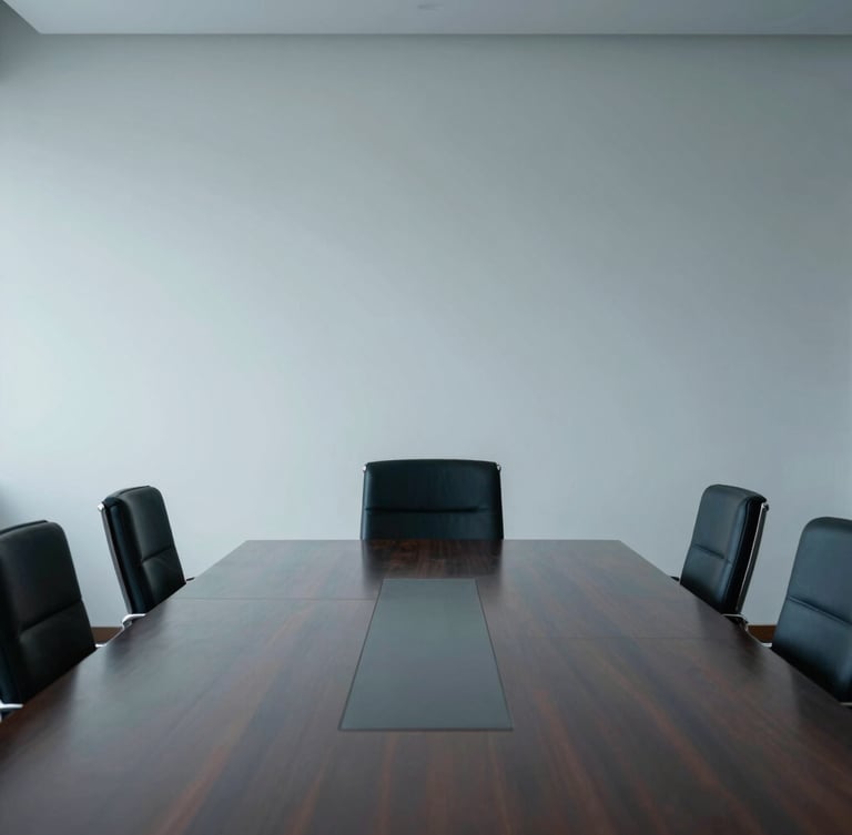 An empty corporate boardroom with a polished dark wood table reflecting soft cool overcast daylight, minimalist architectural style.