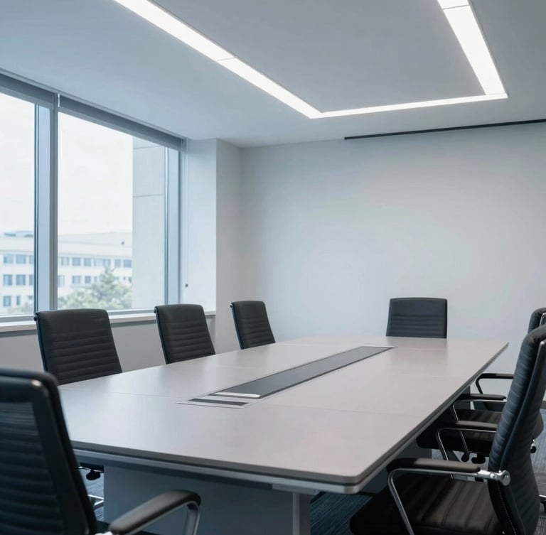 Wide-angle crisp corporate photograph of a modern university administrative boardroom, clean bright daylight, cool blue and slate tones, sharp focus.