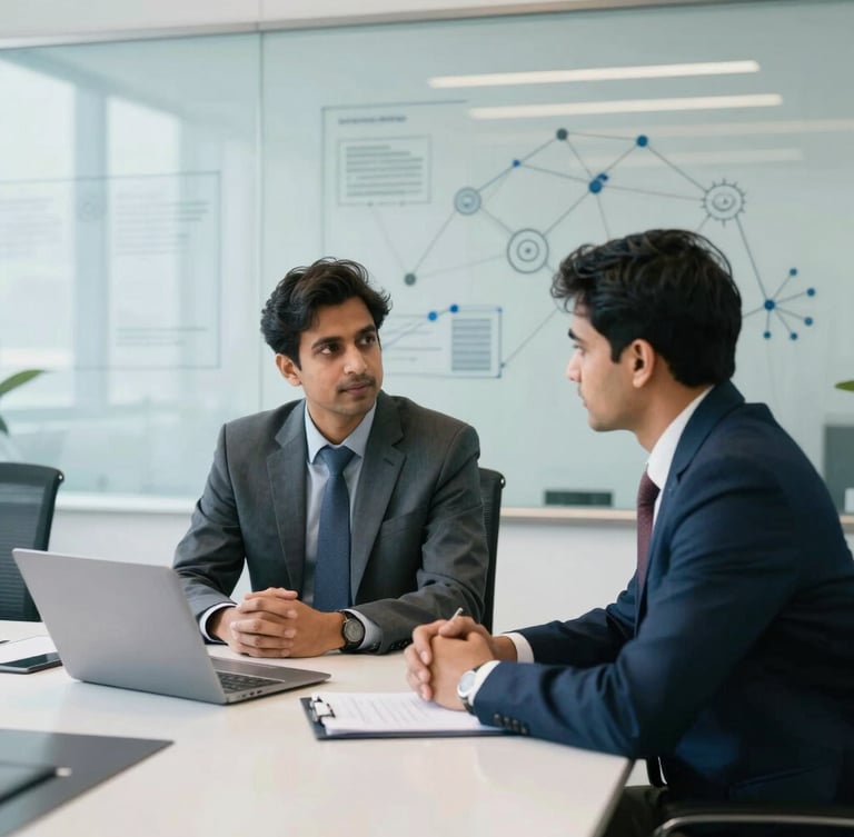 Professional consultation in a bright New Delhi boardroom, clean daylight, network diagrams visible on a glass board, sharp focus.