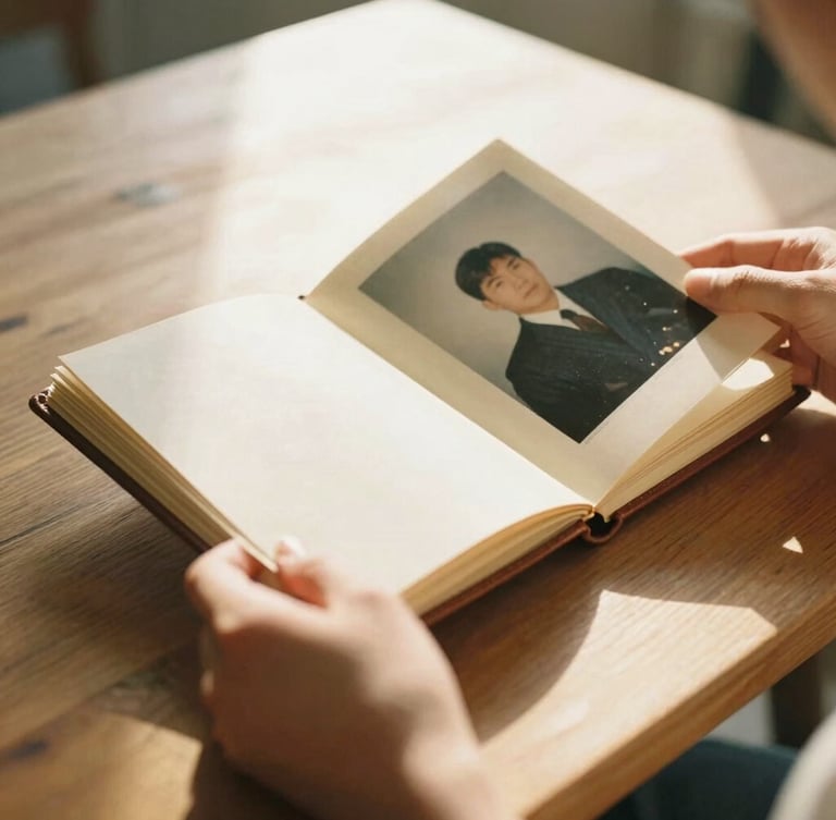 Warm candid photography, soft afternoon sun, hands holding a vintage leather-bound photo album open on a wooden table, nostalgic tones, 35mm film aesthetic, shallow depth of field