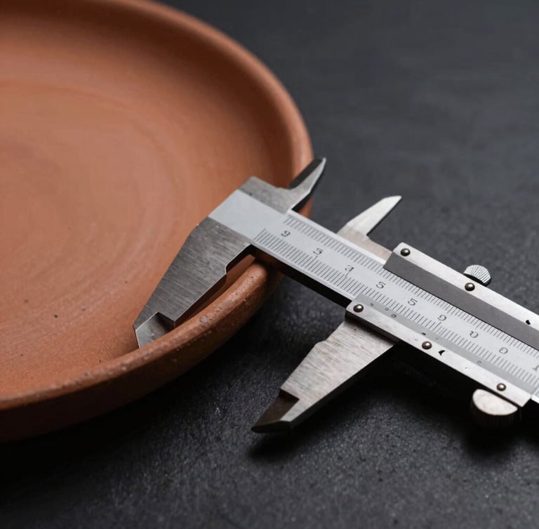 Macro close-up of a custom ceramic plate edge being measured with a caliper, dramatic side-lighting, warm clay and deep charcoal tones, industrial product photography style