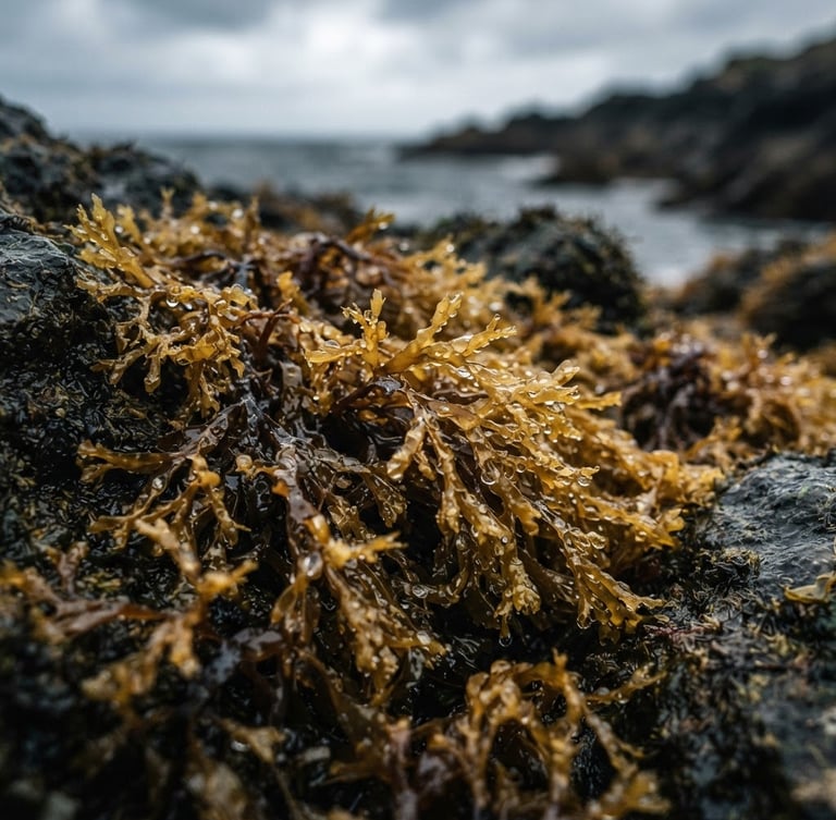 Macro close-up of raw golden sea moss glistening with saltwater on dark coastal rocks, soft moody daylight, 35mm