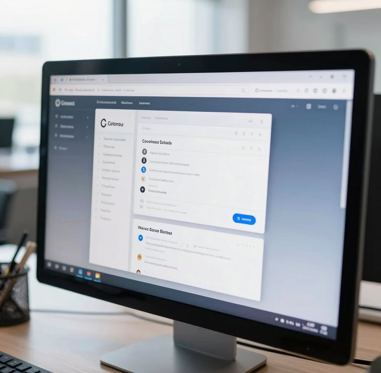 Close-up of a high-fidelity mobile app UI wireframe on a modern monitor screen in a bright Cotonou office, natural light, cool screen glow, professional tech aesthetic