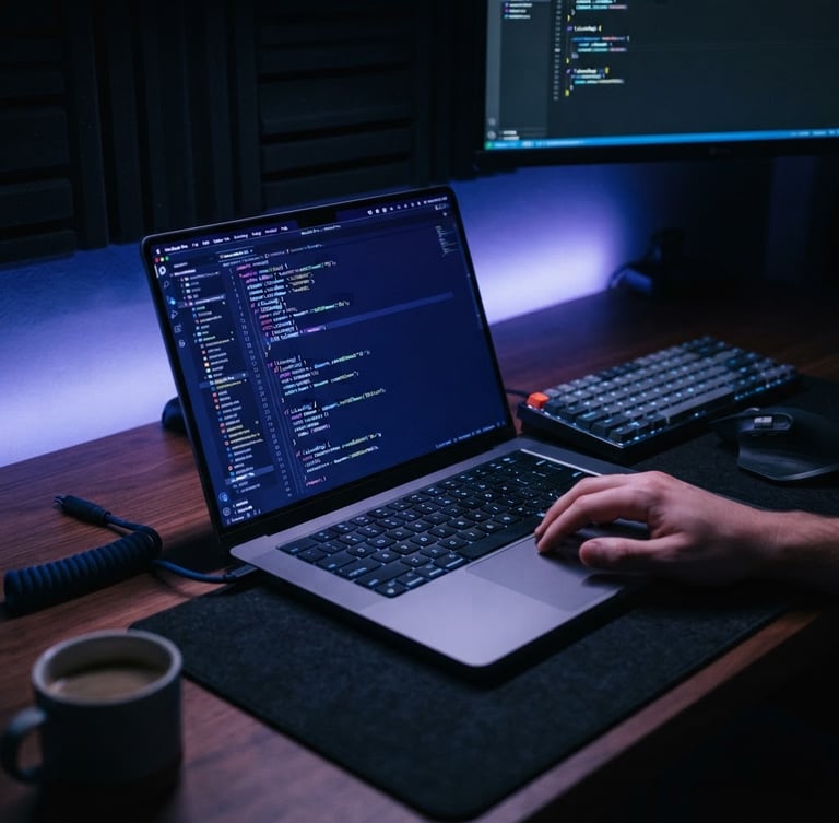 Close-up of a clean modern workspace with a laptop showing code, subtle electric blue and violet ambient lighting, dark moody tech photography style, 35mm lens
