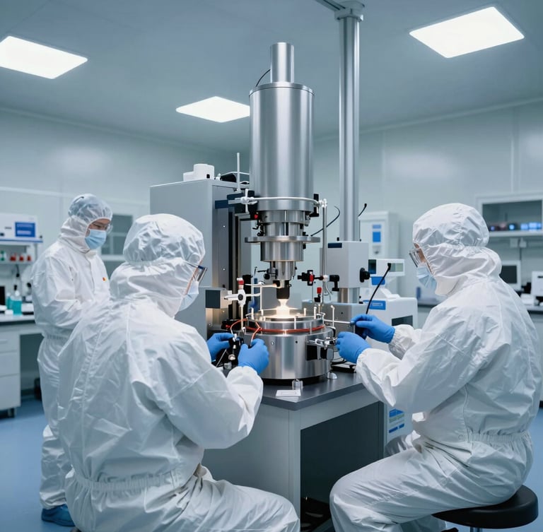 Wide-angle shot of a sterile laboratory cleanroom, technicians in full white PPE calibrating automated chemical synthesis reactors, cool blue and sterile white lighting.