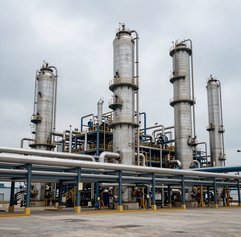 Wide-angle architectural view of a massive modern chemical plant, clean steel piping networks, overcast daylight, sterile industrial environment.