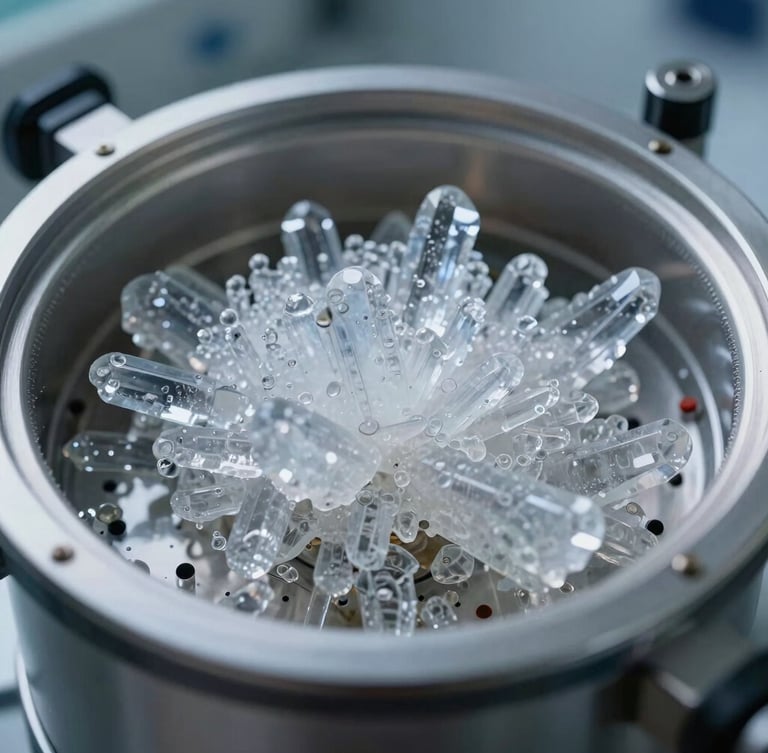 Extreme close-up of crystalline chemical structures inside a sterile laboratory reactor, cool bright lighting, high-contrast technical precision.