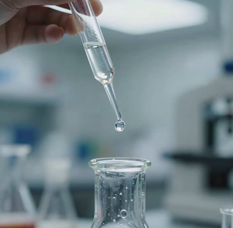 Macro close-up of liquid chemical structures being carefully combined in a sterile laboratory environment under overcast daylight.