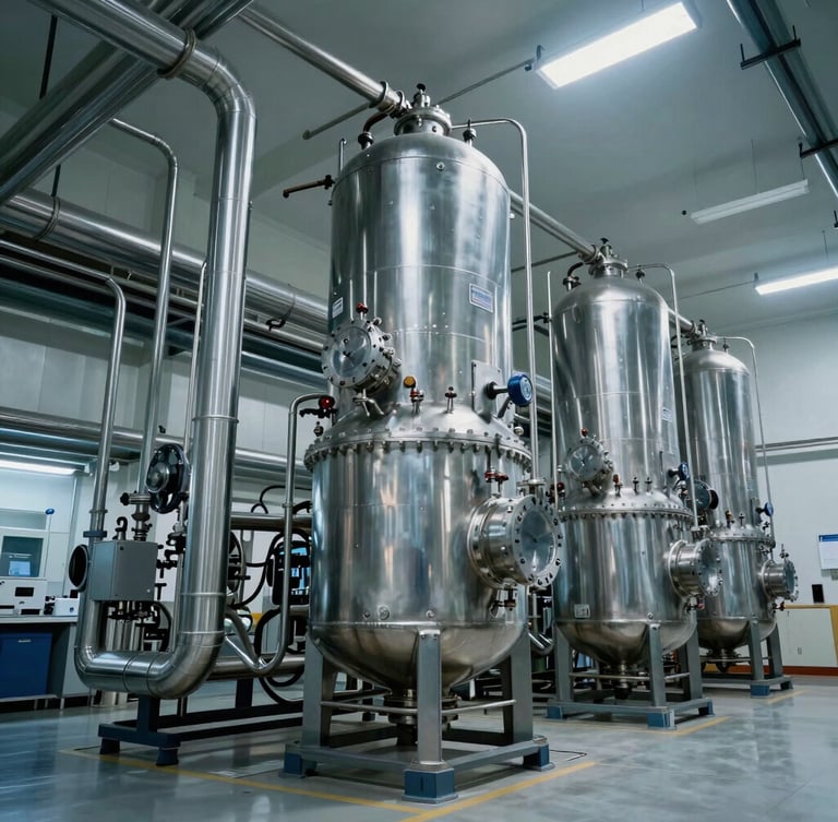 Wide-angle architectural view of a sterile chemical reactor facility with stainless steel piping networks under cool white laboratory lighting.