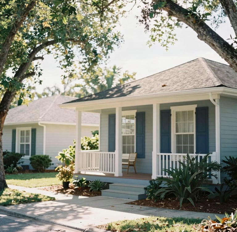 Warm editorial photography, sunlit Florida residential street with beautiful green trees and a cozy home porch, soft natural lighting, 35mm lens