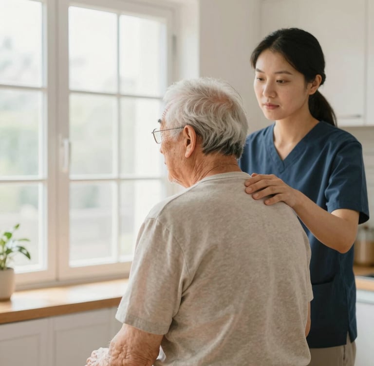 Medium shot of a caregiver and senior in a bright kitchen, caregiver gently placing a hand on the senior's shoulder, warm natural window light, 35mm lens