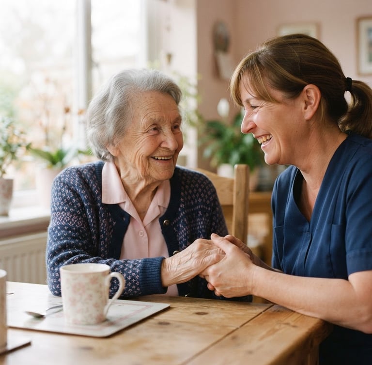 A warm close-up of a smiling caregiver and an elderly woman sitting together at a wooden table, sunlight streaming through a window, soft pink and navy tones, shallow depth of field, 35mm lens