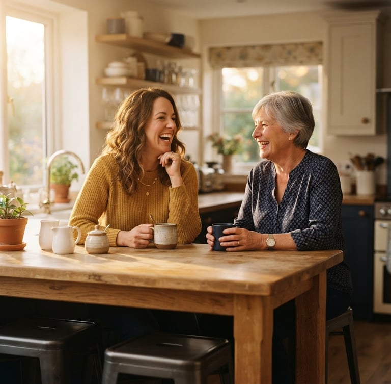 Warm natural golden-hour window light, an adult daughter and a senior mother sitting at a kitchen island laughing over coffee, 35mm lens.