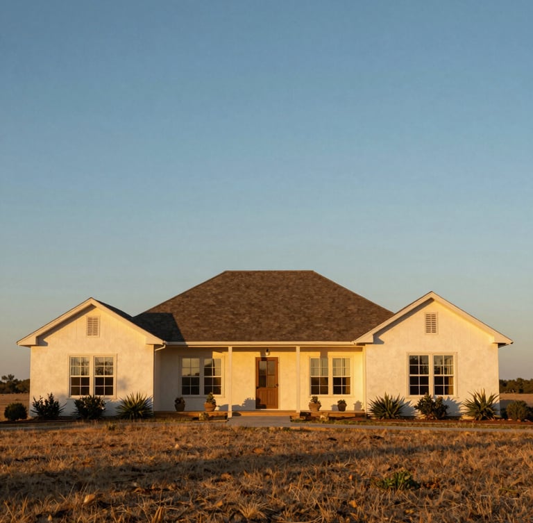 Wide environmental shot of a beautiful Texas ranch home at golden hour, warm sunlight reflecting off windows, expansive blue sky, 35mm lens
