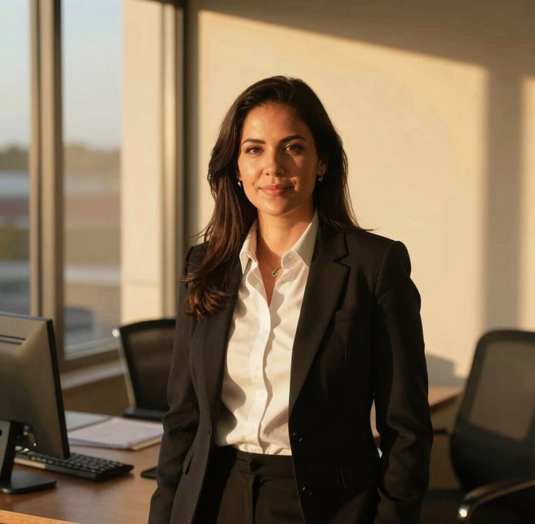 Warm golden-hour portrait of a Texas insurance agent in a sunlit Austin office, looking confident and approachable, 35mm photography.