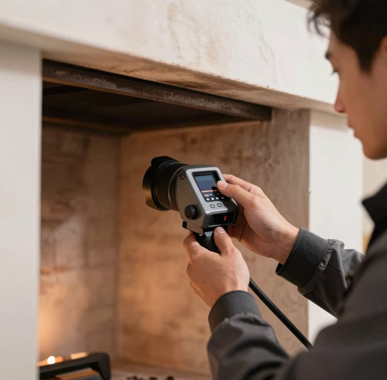Close-up of a professional chimney sweep technician adjusting a high-definition diagnostic camera inside a clean hearth, warm ambient light, sharp focus, 35mm lens