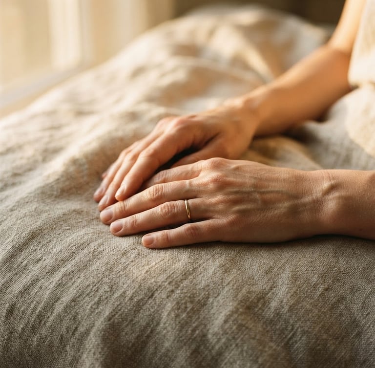 Close-up of hands resting on textured organic linen, warm diffused golden-hour window light, soft natural shadows, 35mm